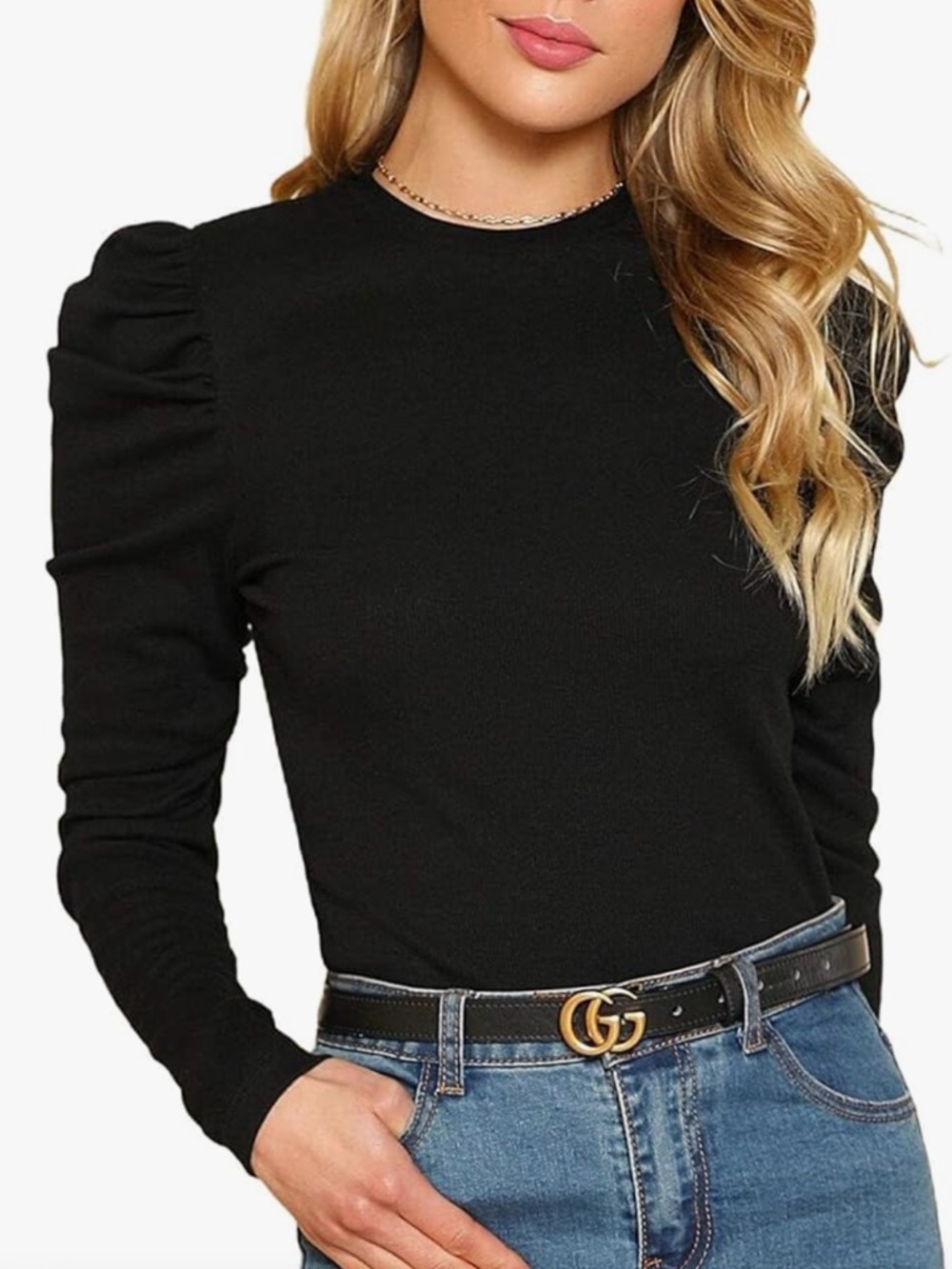 REVAMPED Black Puff Long Sleeve Top Crew Neck Soft Stretchy Flattering L